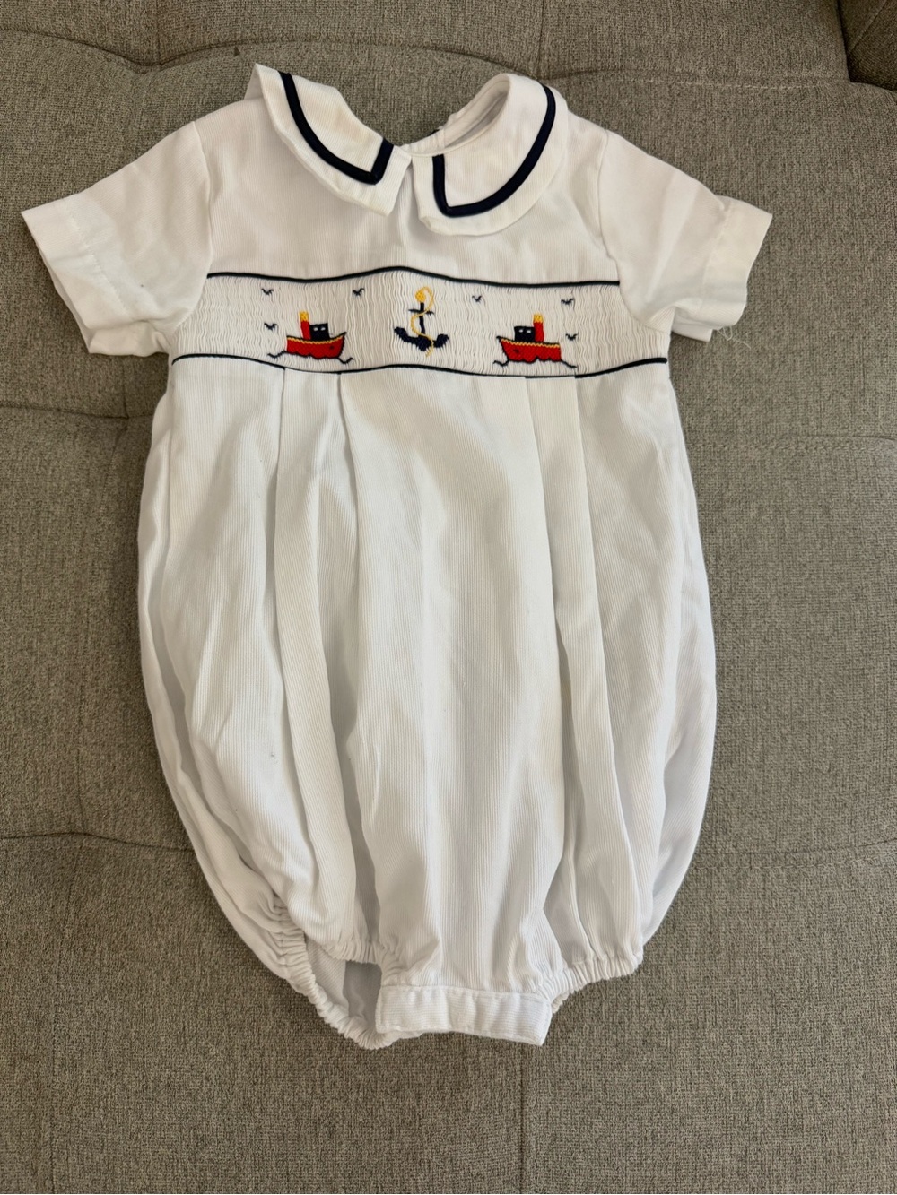 Vintage White Smocked Nautical Baby One-Piece with Navy Trim